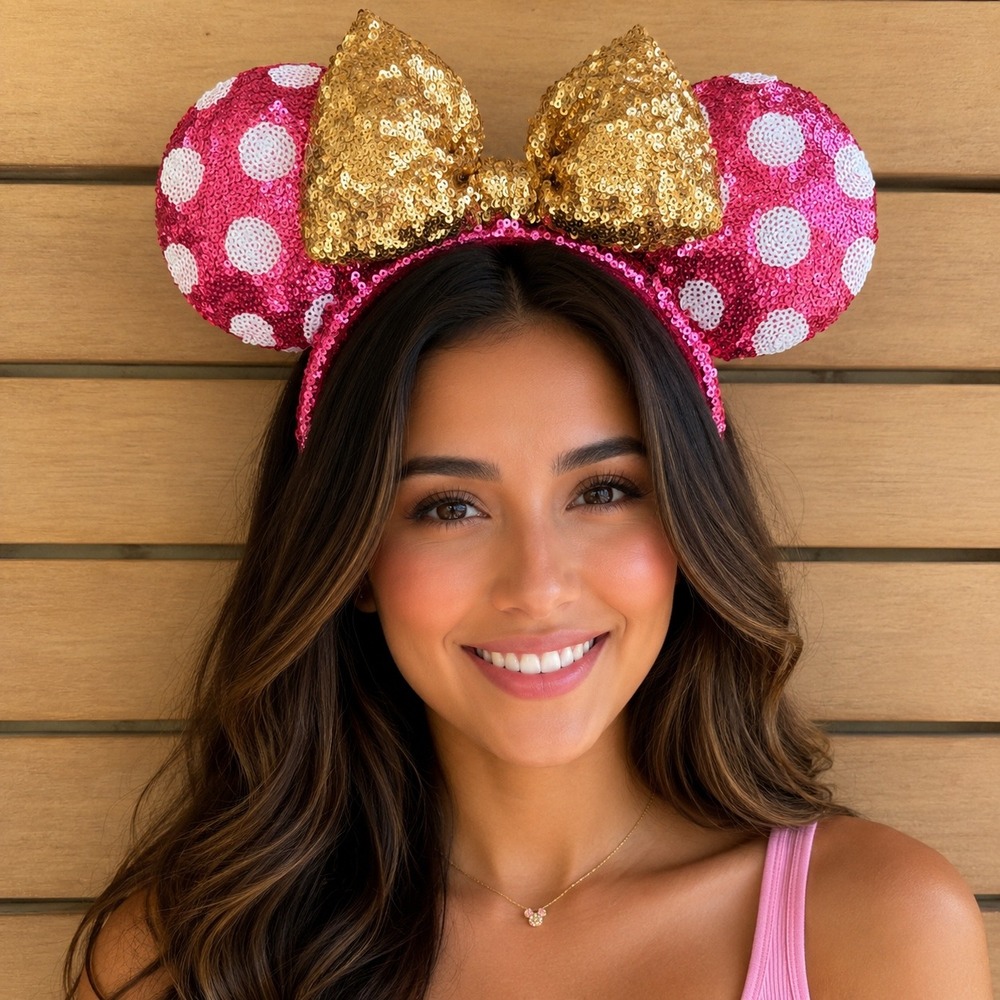 Disney Parks Minnie Mouse Pink White Polka Dot Gold Sequin Ears Headband 2022